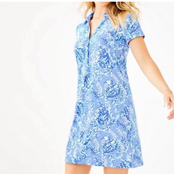 Lilly Pulitzer Sadie Polo Dress Blue Turtle UPF 50+ Preppy Resortwear Vacation - Picture 2 of 9